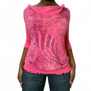 Style & Co Y2K Pink Rhinestone 3/4 Sleeve Cowl Neck Top, Medium